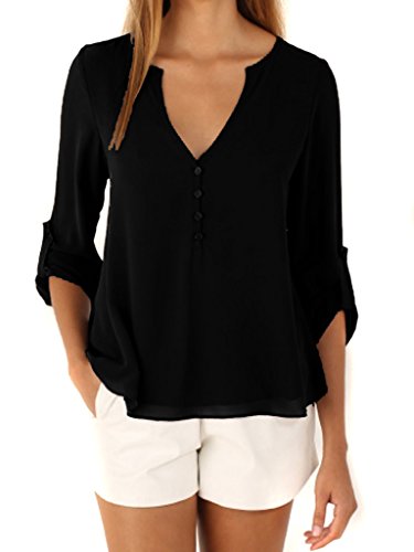 Choies Womens VNeck Button Detail Dip Back Solid Blouse Top 6 Black 6