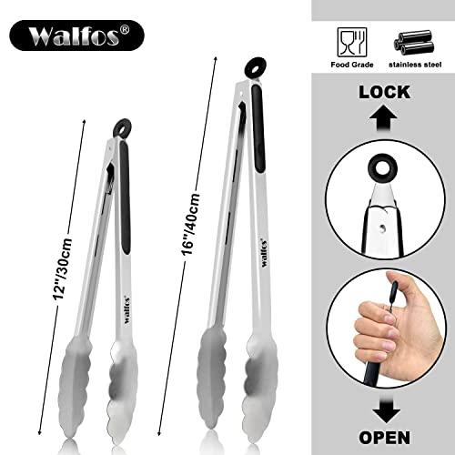 Walfos Extra Long Grill Tongs - Heavy Duty Metal Tongs - 16 & 12 Inch Great For Grilling ,Bbq/Barbecue ,Cooking - Stainless Steel And Non-Slip Heat Resistant Silicone Handle (Set Of 2) #TOP6