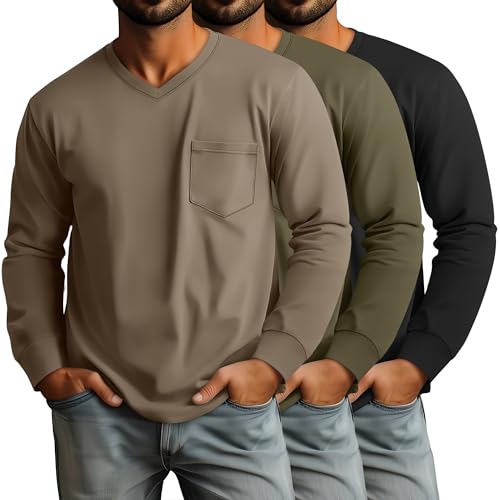 Ficerd 3 Pack Men's Big and Tall V Neck Shirts with Pocket Long