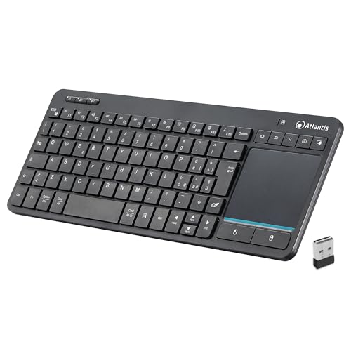 Atlantis Mini Tastiera con TouchPad multitouch integrato - Wireless senza fili RF + Bluetooth, QWERTY, Tasti funzione multimediali, per PC/Notebook/Smart TV/Smartphone/Tablet/iOS/Android - Nero