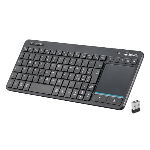 Atlantis Mini Tastiera con TouchPad multitouch integrato - Wireless senza fili RF + Bluetooth, QWERTY, Tasti funzione multimediali, per PC/Notebook/Smart TV/Smartphone/Tablet/iOS/Android - Nero