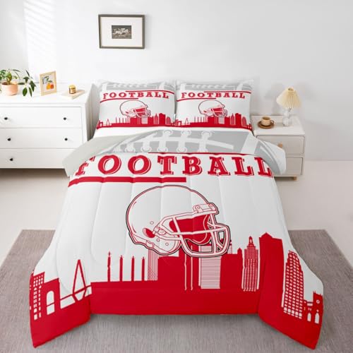Sports Bedding Sets for Boys American Football Comforter Set King Size Sports Ball Game Bedding Comforter Sets for Football Player Helmet Down Comforter Rugby City Themed Duvet Set(Kansas)