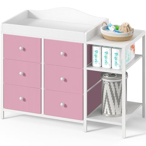 Image of BOLUO Baby Dresser with Changing Table Top, Changing Table Dresser with 6 Fabric Drawers Diaper Changing Station with Storage Shelf for Nursery Modern