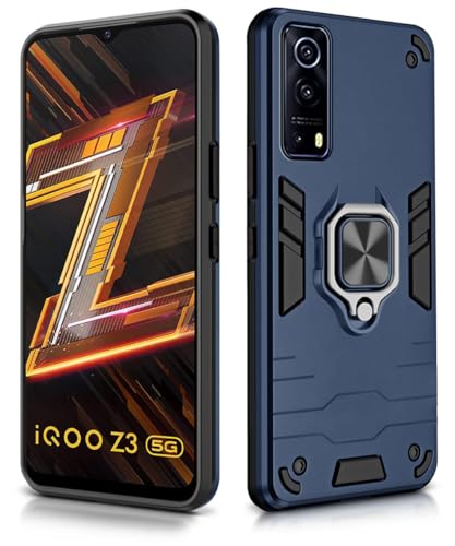 Image of WOW IMAGINE Shock Proof Back Case Mobile Cover for iQOO Z3 | Back Cover Case (Tough Armor | Hybrid PC + TPU | Ring Holder & in-Built Kickstand | Blue)