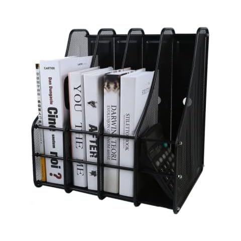 Mesh Desk Organiser Magazine File Rack Holder, 4 Compartments Metal Home Office School Desk Book Sorter Storage Shelf, Letter Tray Organizer Office Desktop Document Paper File Storage, Black Cover