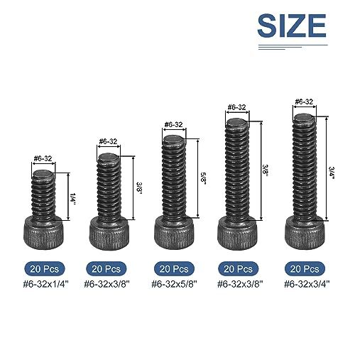 DTGN 100Pcs #6-32 Bolts Socket Head Screws Kit, #6-32 Screw Assortment, 12.9 Grade Steel #6-32 x 1/4", 3/8", 1/2", 5/8" - Image 2
