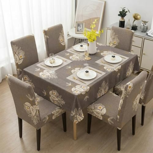 Image of Styleys Dining Chair Cover with Table Covers for Kitchen Waterproof Dining Table Cloth (1 Table Cover + 6 Chair Cover, Beige Brocade, CTSD3127)