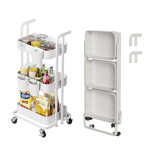Image of Merapi 3 Tier White Metal Foldable Rolling Cart, Utility Cart with Wheels, Hanging Cups and Hooks, Kitchen Storage Cart for Living Room, Kitchen, Bathroom, Bedroom