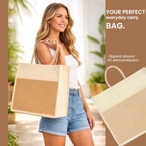 Image of Match Made Eco Friendly Jute Jhola Bag For Kitchen Essential Grocery Shopping, Carry Milk, Fruits, Vegetable With Reinforced Handles & Zipper