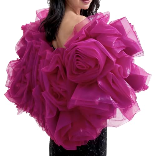 Carpet Cape Floral Wedding Cape 3D Rose Flower Bridal Wraps Detachable Shawl Cloak for Photoshoot Fuchsia Large