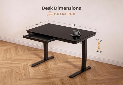 Image of Claiks Small Glass Standing Desk with Drawers & USB Ports 32x19 Black