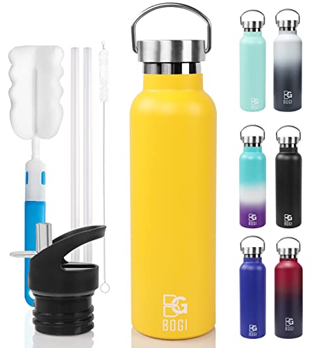 BOGI 600ml Double Wall Vacuum Insulated Stainless Steel Water Bottle-Scratch Resistance&Eco-Friendly for Outdoor Sports Yoga Camping,Straw Flip Cap+Cleaning Brush-1 Year Warranty(Yellow)