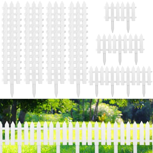 Anglechic 24 Pack White Garden Fence with 24 Insert Lawn Picket Fence Garden Border Decorative Plastic Panels for Landscape Path Flowerbeds Plant Yard, 6.69'' L x 7.87'' H