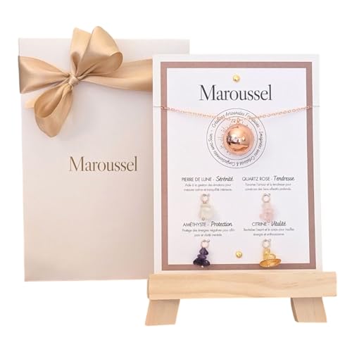 Bola grossesse pierre naturelle lithothérapie - or, argent, or rose - pierre de lune, quartz rose, améthyste, citrine - collier bola grossesse chaine doré 110 cm -...