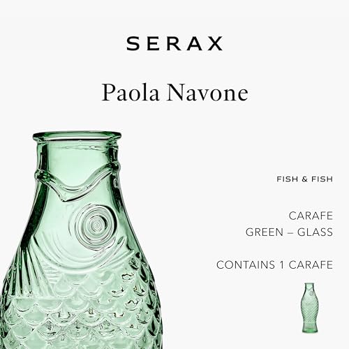 Glass Water Pitcher | Fish & Fish Glassware by Paola Navone | Wine Carafe Decanter | Clear Green Bottle Container for hot and Cold Drinks | Fridge Beverage Dispenser, Suitable as Vase