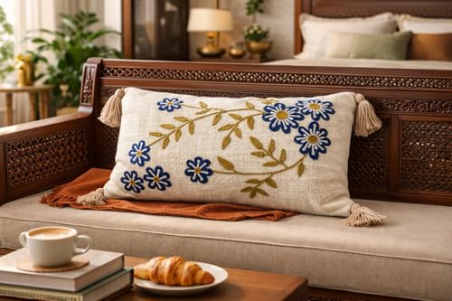 Image of Dolce Sueno Embroidered Lumbar Cushion Cover 12x20 Inch - Decorative Rectangular Throw Pillow Cover for Sofa Bed Living Room - Fancy Boho Home Decor Cushion Case Pack of 1
