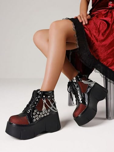 Y2K Punk Goth Platform Ankle Boots for Women with Fashion Chain Decor Round Hole Wedge High Heels Thick Sole Cosplay Boots for Party Stage Streetwear Outfits2