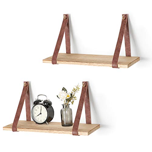 Mkono Hanging Shelf Wall Wood Floating Storage Shelves Leather Strap Swing Organizer, Set