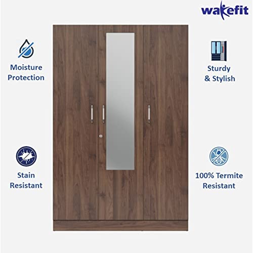 Image of Wakefit Wardrobe | 1 Year Warranty | Engineered Wood Almirah, Cupboard for Clothes Storage | 3 Door, Mirror, 1 Drawer, 1 Hanging Space | Gingham - Columbian Walnut