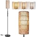 PARTPHONER Boho Floor Lamp for Living Room with 3 Color Temperatures LED Bulb, Standing Lamp Tall Lamp Reading for Bedroom, Office, Kids Room (9W LED Bulb, Rattan & Fabric Shades Included)
