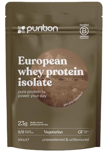 Purition - 100% Whey Protein Isolate, 93% Protein, Triple-Filtered, Unsweetened, Unflavoured, Soy Free, Low Fat, 23g Protein per Serving, 20 Servings - 500g