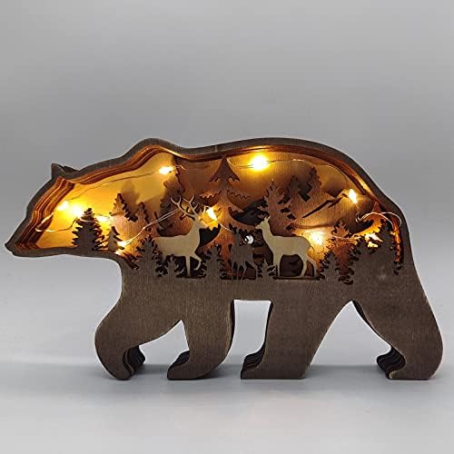 3D Wooden Creative Forest Animal Decor, Wooden Brown Bear Desktop Ornament with Light, Multi-Layer 3D Carved Craft Handmade Wooden Wolf Silhouette Forest Animal Decor for Table