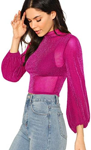 Romwe Women's Bishop Sleeve Glitter Mock Neck Sexy Sheer Mesh Crop Blouse Top Hot Pink Medium