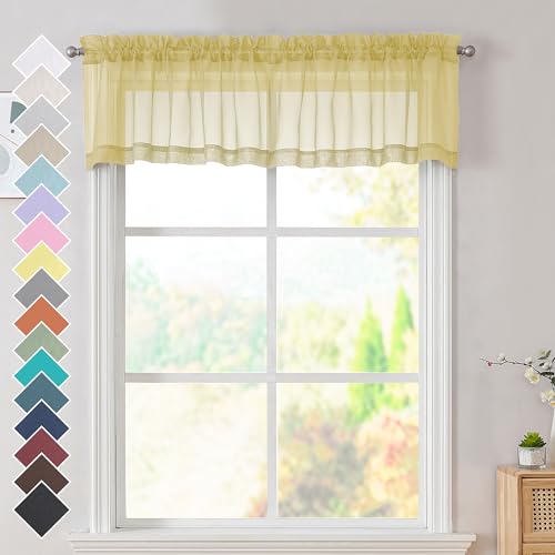 Image of OVZME Mustard Yellow Half Window Sheer Curtains, Modern Top Dual Rod Pocket Light Filtering Voile Drapes for Small Window Cafe Sheer Curtains 2 Panels, 42W x 14L Inch