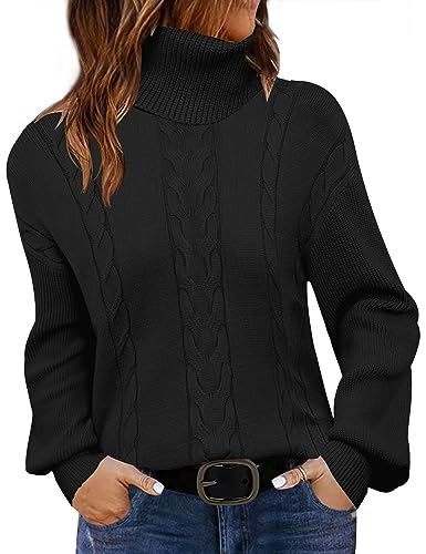 LEANI Women's Turtleneck Long Sleeve Cable Knit Sweaters Winter Pullover Sweaters Jumper Solid Black Small