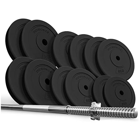 Physionics® Set of Weight Bars with Weight Plates - 120/165/180 cm, (Ø30/31 mm) - Fitness Set for Home Gym, Weightlifting, Powerlifting, Training Equipment (Set of Weight Bars 80kg) Cover