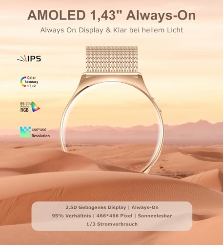 Smartwatch Damen Rund mit Telefonfunktion, 1,43 Zoll AMOLED Always-On-Display Fitnessuhr mit 100+ Sportmodi, Herzfrequenz, Schlafmonitor, Menstruationszyklus, Schrittzähler, Armbanduhr für Android iOS – Bild 3