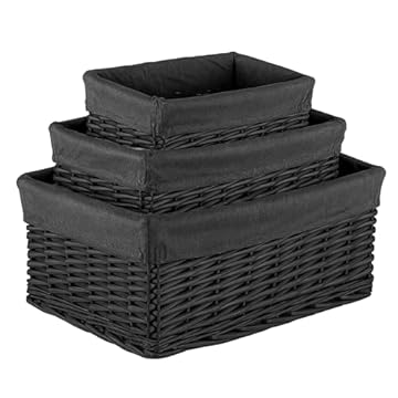 Innoteck Essentials Set of 3 Wicker Storage Baskets with Lining - Decorative Kitchen Bathroom Hamper - Portable Basket with Washable Cloth Liners - Ideal for Home/Office & Gifts Hamper (Black)