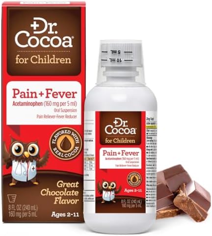 Children's Pain Relief & Fever Reducer | Acetaminophen 160mg/5mL | Real Chocolate Flavor Kids Love | Ages 2-11 | Dye-Free, No HFCS | 8 FL OZ with Dosing Cup