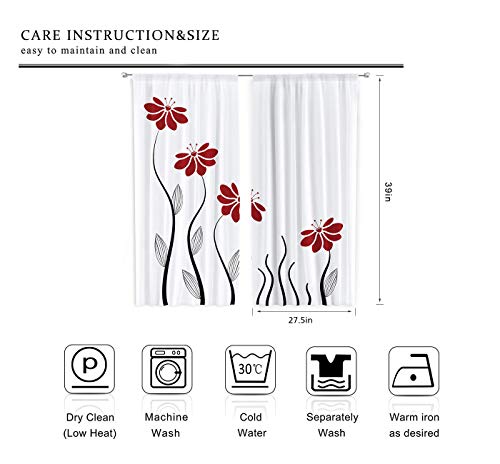 Riyidecor Red Flower Kitchen Curtains For Christmas 27.5X39 Inch Floral Petals Rod Pocket Leaves Lines Woman White Plant Printed Living Room Bedroom Window Drapes Treatment Fabric 2 Panels Ww-Tgna #TOP3