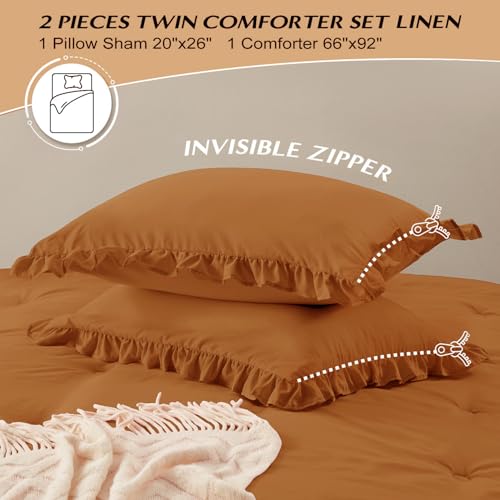 Image of HARBOREST Twin Comforter Set Burnt Orange - Ruffle Comforter for Twin Size Bed, Fluffy Twin Size Comforter Set for All Seasons, 2 Pieces Shabby Chic Bedding Sets(1 Comforter & 1 Pillow Sham)