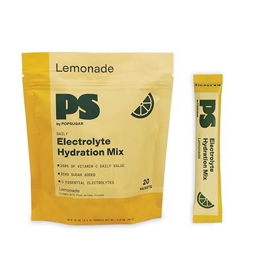 Image of POPSUGAR Electrolyte Hydration Drink Mix Packets, 20 Single-Serve Packs (Lemonade), Zero Sugar Electrolytes Powder, Naturally-Flavored Water Enhancer, Non-GMO Powdered Drink Mix with Vitamin C