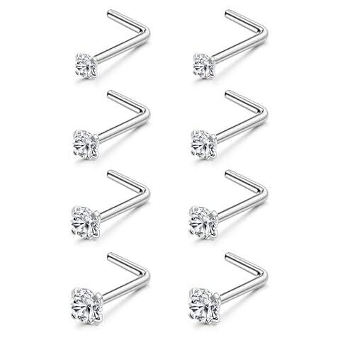 LOYALLOOK 8PCS Nose Rings Studs Titanium Nose Rings 18G Nose Ring L Shape Nose Studs Diamond CZ Silver Nose Rings Studs Hypoallergenic Nose Piercing Jewelry for Women 1.5mm 2mm 2.5mm 3mm Cover