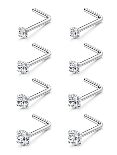 LOYALLOOK 8PCS Titanium Nose Rings, 20G/18G Corkscrew & L Shape Studs, Diamond CZ, Silver & Gold, Hypoallergenic, 1.5mm-3mm