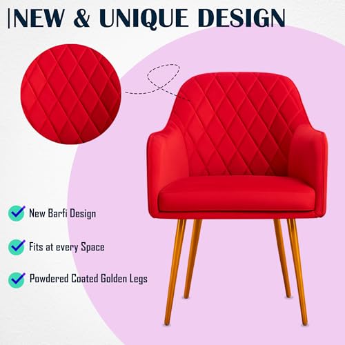 Image of Set of 2 Accent Chair for Living Room | Modern Armchair in Soft Velvet Fabric with Sturdy Legs | Premium Chair for Home Living Room Bedroom Restaurent | (Gold Legs, Red Burfi Design)