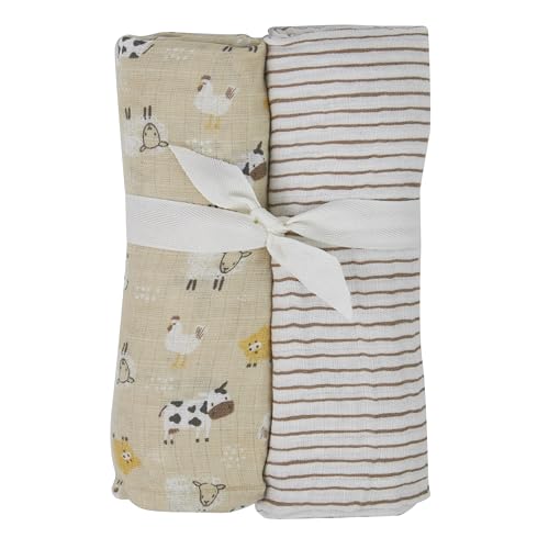 Image of Chick Pea Muslin Baby Blanket for Boy Large 36x40 2pack Brown Farm Animals Striped