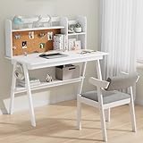 DELAVIN 39.37' Kids Table and Chair Set, Solid Wood Desk with Drawers for Kids, White Desk Hutch with Cork Bulletin Board, Computer Desk with Chair for Kids, White
