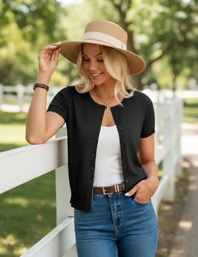 Image of GRACE KARIN Women Short Sleeve Cardigan, 2026 Summer Knitted Sweater Tops, Basic Crew Neck Crop Outfits