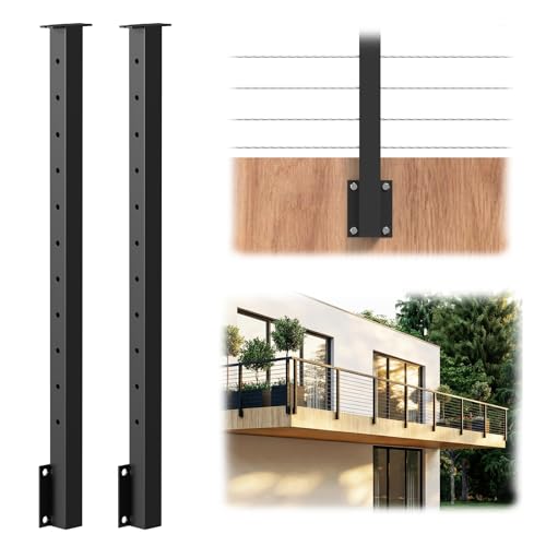 Image of BLIKA 2 Pack 36 inch Side Mount Cable Railing Posts, 304 Stainless Steel, Level Drilled Fascia Mount Deck Post for Cable Railing Kit, Black Powder Coated Side Mount Line Posts