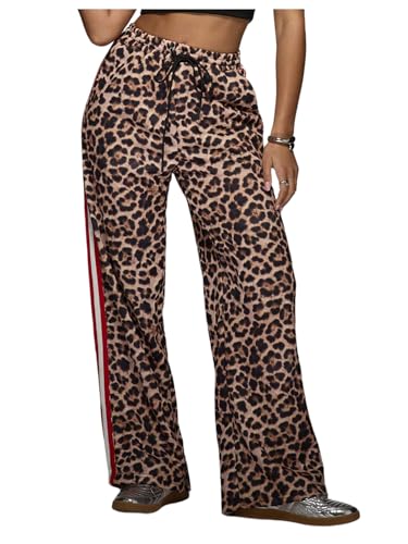 WDIRARA Women's Y2k Leopard Print Pants Elastic Waist Wide Leg