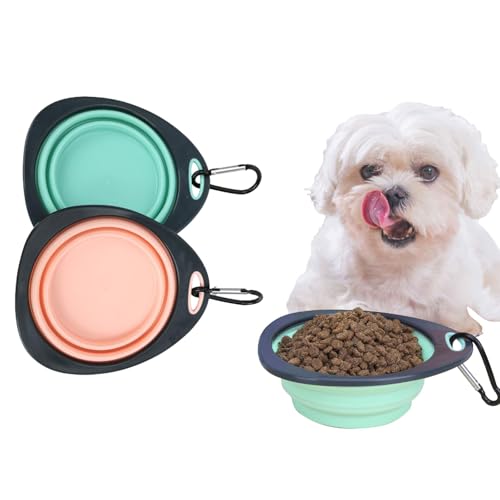 2 Pack Collapsible Dog Bowl, Travel Dog Water Bowl, Portable Pet Food Feeding Bowl, Silicone Dogs Cat Bowls with Hook, Easy to Carry (Pink, Green)