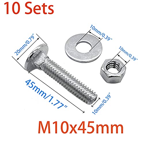 Image of 10 Sets Long Square-Neck Carriage Bolts Set,Carriage Bolts Set w /Nuts & Flat Washers,Zinc-Plated,Carbon Steel Grade 4.8,Plain Finish,Fully Threaded(M10-1.5X45mm)