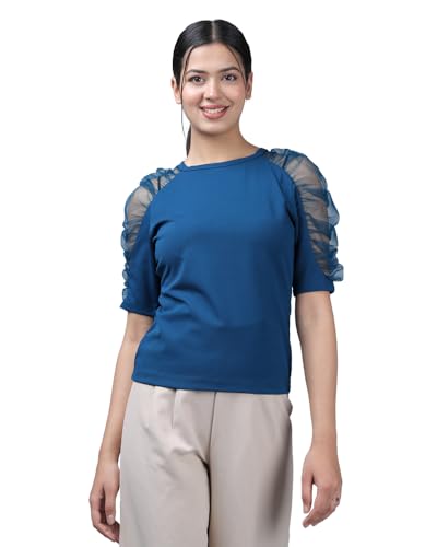 Image of Noble Monk Women's Solid Stretchable Top | Round Neck Half Sleeve | Regular Fit Top for Women