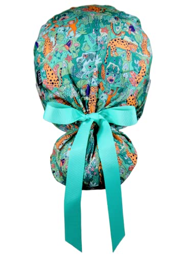 Image of Scrub Cap for Women and Men, Ponytail Scrub Caps, Working Hat, Head Cover with Ribbon Ties and Buttons, Long Hair
