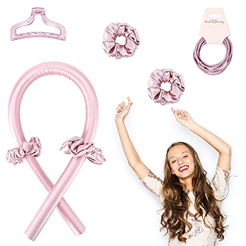 Women Heatless Hair Curlers For Long Hair, No Heat Silk Curls Headband You Can To Sleep In Overnight, Soft Foam Hair Rollers, Curling Ribbon and Flexi Rods for Natural Hair (Pink)