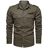 Hombre Camisas de Trabajo, Ropa de Militar de Manga Larga con Botones,Cargo Shirts, 2 Bolsillos, Regular Fit para Pesca, Tala, Senderismo, Caza，ArmyVerde1907，L